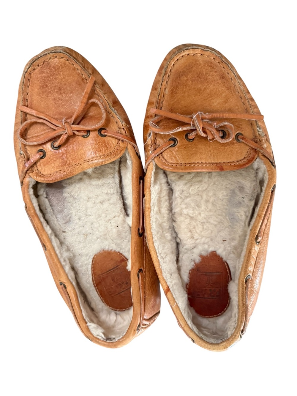 Frye Tan Leather Boat Shoes with Shearling Lining